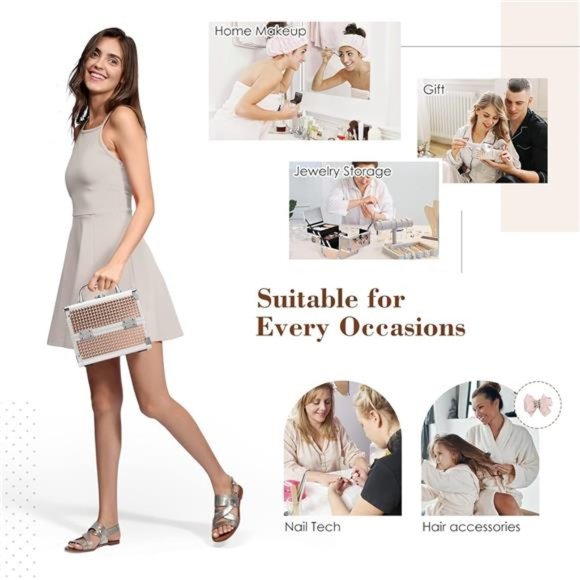 Makeup Train Case Portable Cosmetic Box Jewelry Organizer 2-Tier Trays Lockable - Picture 3 of 7